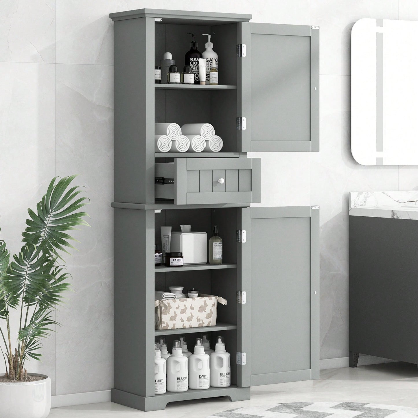 Freestanding Tall Bathroom Storage Cabinet With Drawer And Adjustable Shelf In White MDF Finish