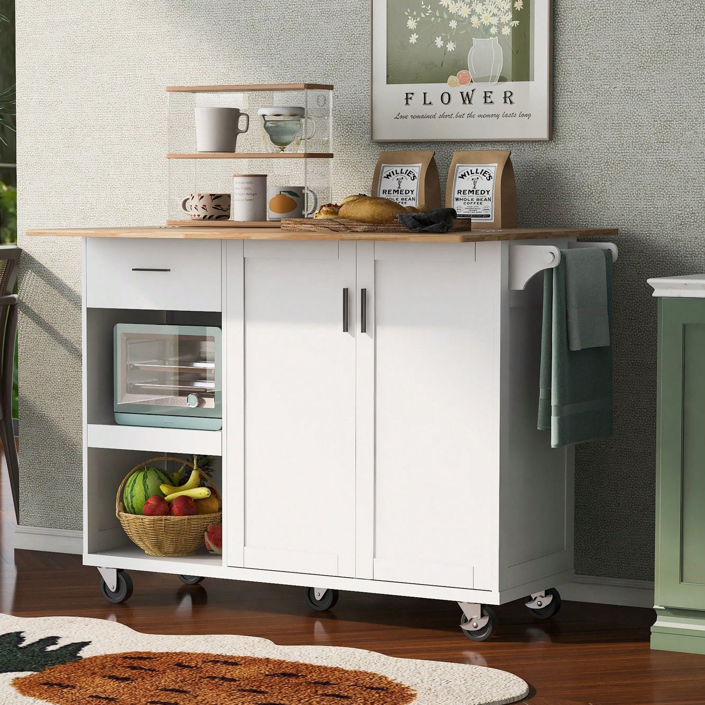 Versatile Rolling Kitchen Island With Foldable Countertop, Storage Cart, Slide-Out Shelf, Towel Rack, Drawer, Ideal For Kitchen, Living Room, Dining Room, White Finish