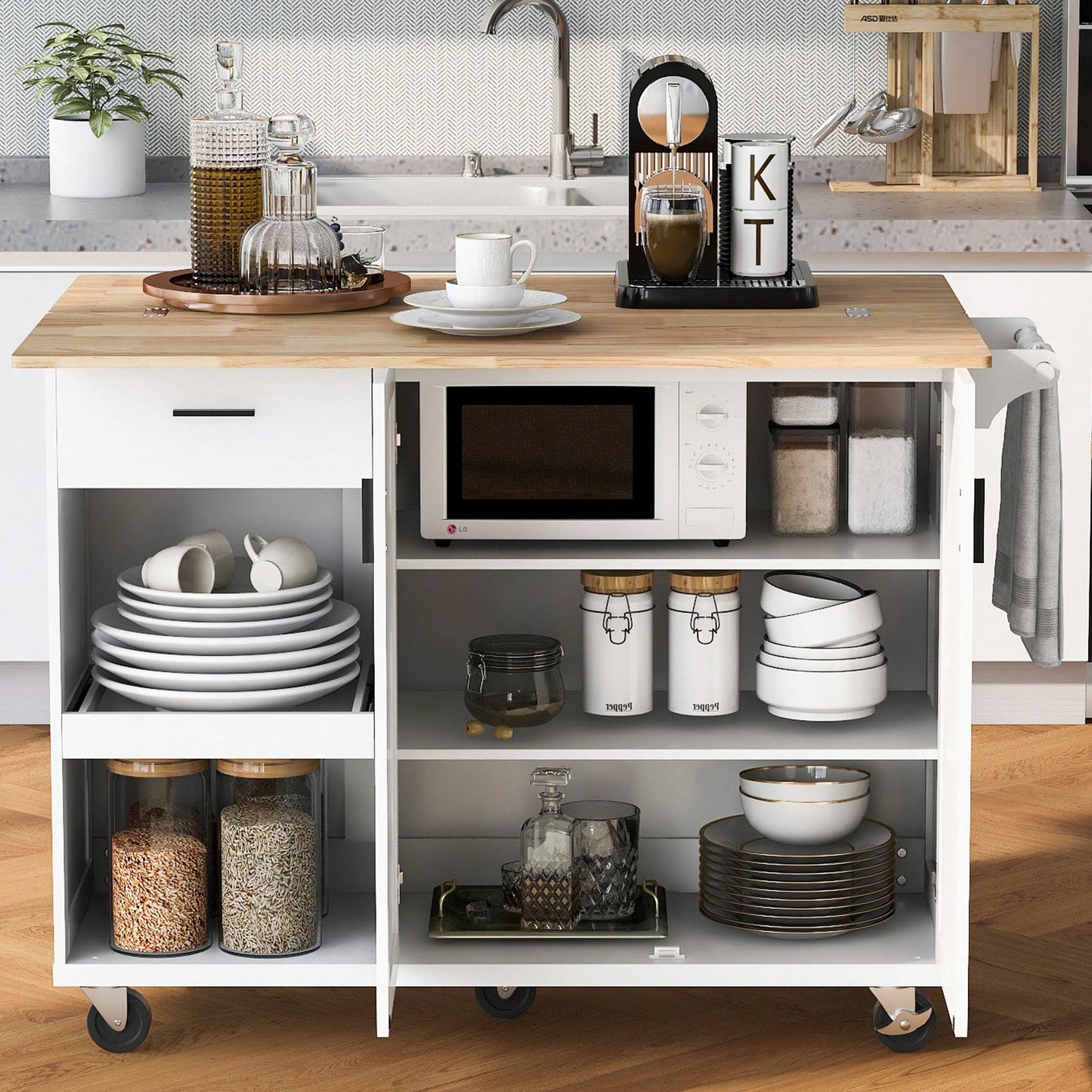 Versatile Rolling Kitchen Island With Foldable Countertop, Storage Cart, Slide-Out Shelf, Towel Rack, Drawer, Ideal For Kitchen, Living Room, Dining Room, White Finish