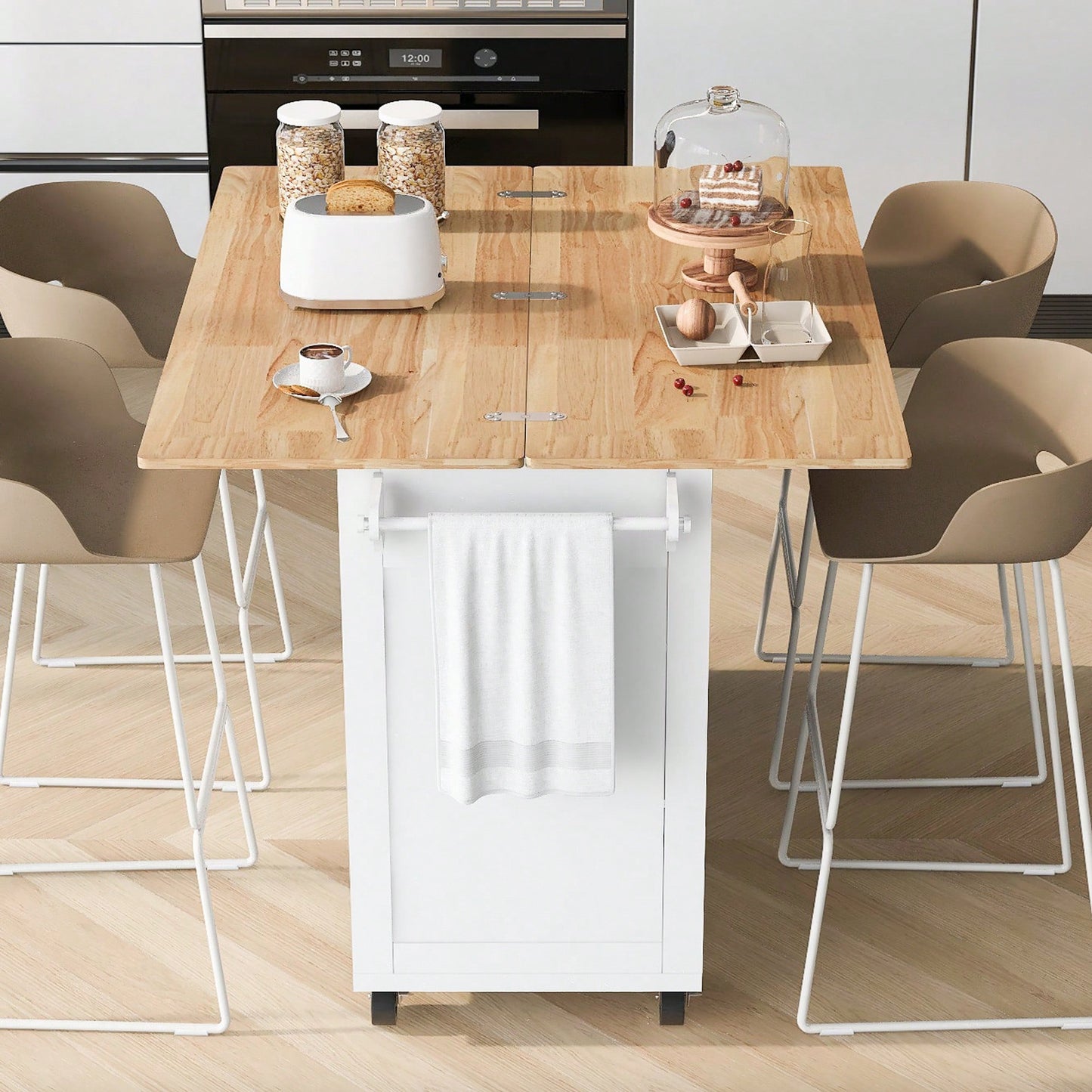 Versatile Rolling Kitchen Island With Foldable Countertop, Storage Cart, Slide-Out Shelf, Towel Rack, Drawer, Ideal For Kitchen, Living Room, Dining Room, White Finish