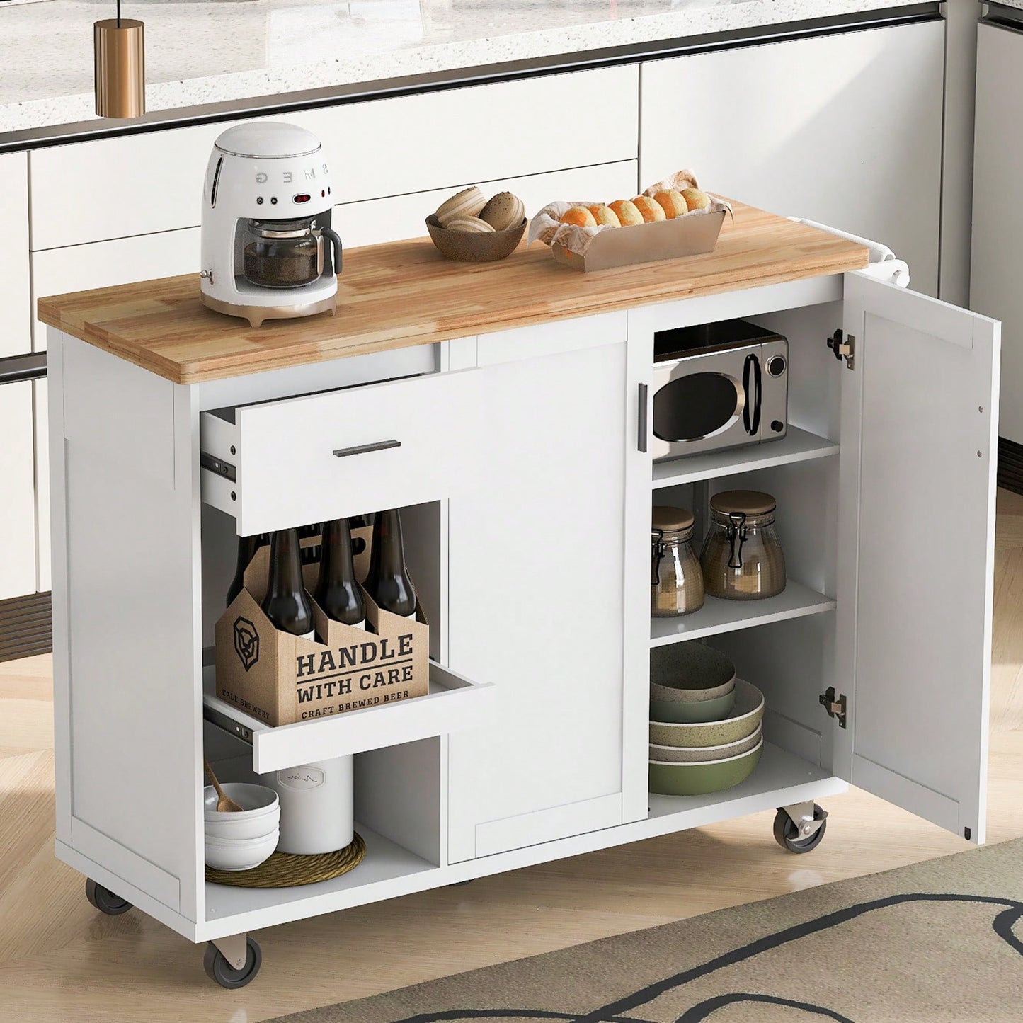 Versatile Rolling Kitchen Island With Foldable Countertop, Storage Cart, Slide-Out Shelf, Towel Rack, Drawer, Ideal For Kitchen, Living Room, Dining Room, White Finish