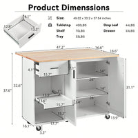 Versatile Rolling Kitchen Island With Foldable Countertop, Storage Cart, Slide-Out Shelf, Towel Rack, Drawer, Ideal For Kitchen, Living Room, Dining Room, White Finish