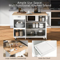 Versatile Rolling Kitchen Island With Foldable Countertop, Storage Cart, Slide-Out Shelf, Towel Rack, Drawer, Ideal For Kitchen, Living Room, Dining Room, White Finish