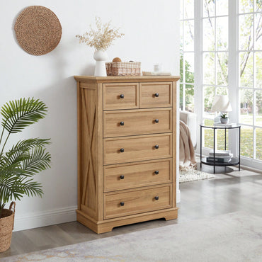 Tall 6 Drawer Dresser Cabinet For Closet Organization And Storage Solutions In Oak Finish