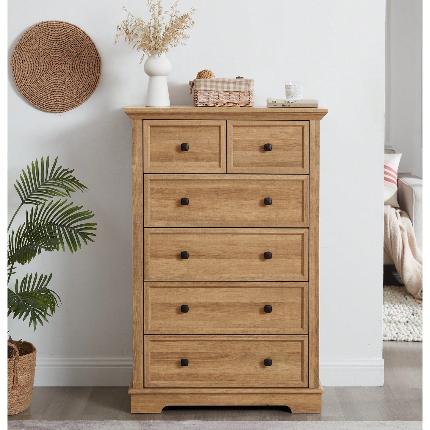 Tall 6 Drawer Dresser Cabinet For Closet Organization And Storage Solutions In Oak Finish