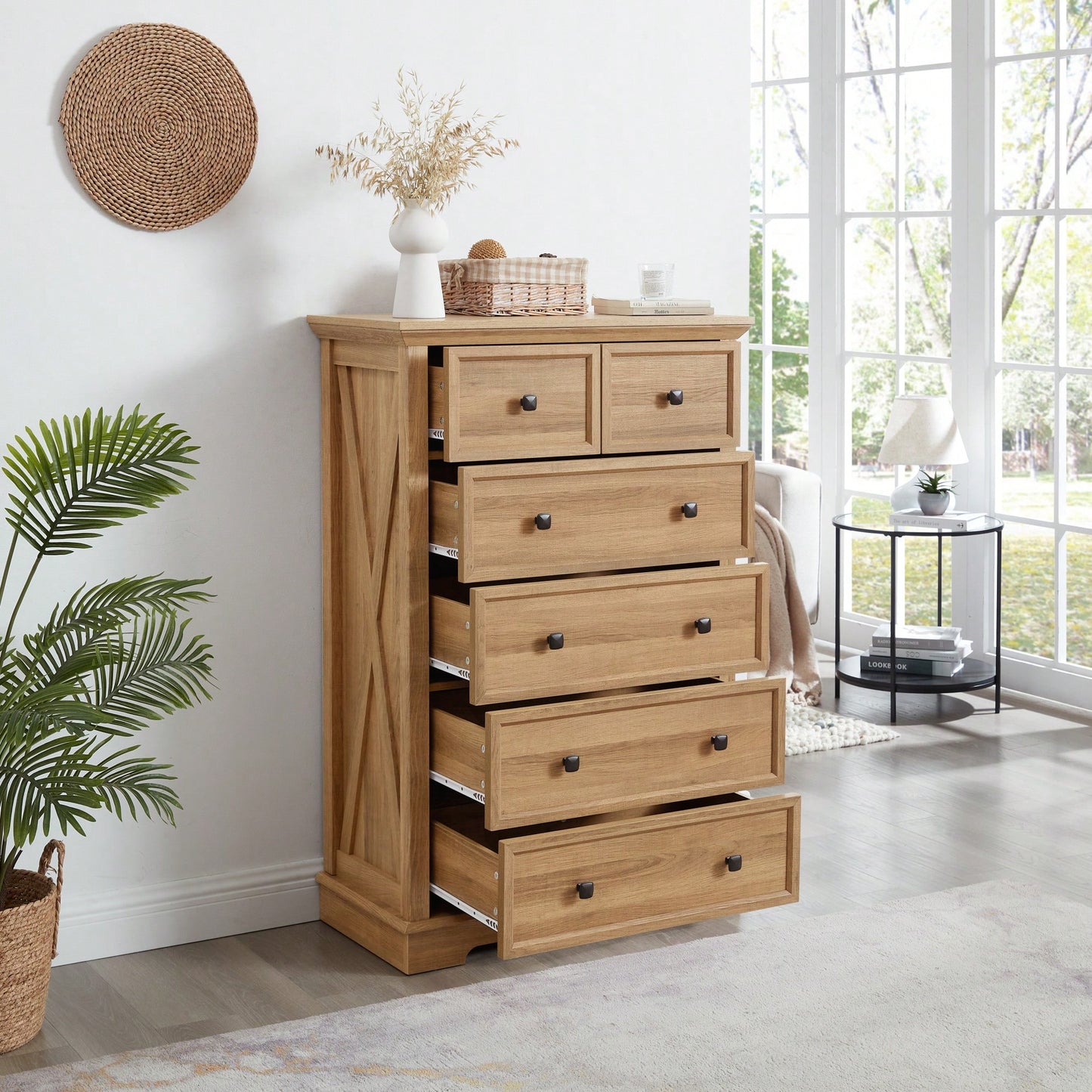 Tall 6 Drawer Dresser Cabinet For Closet Organization And Storage Solutions In Oak Finish