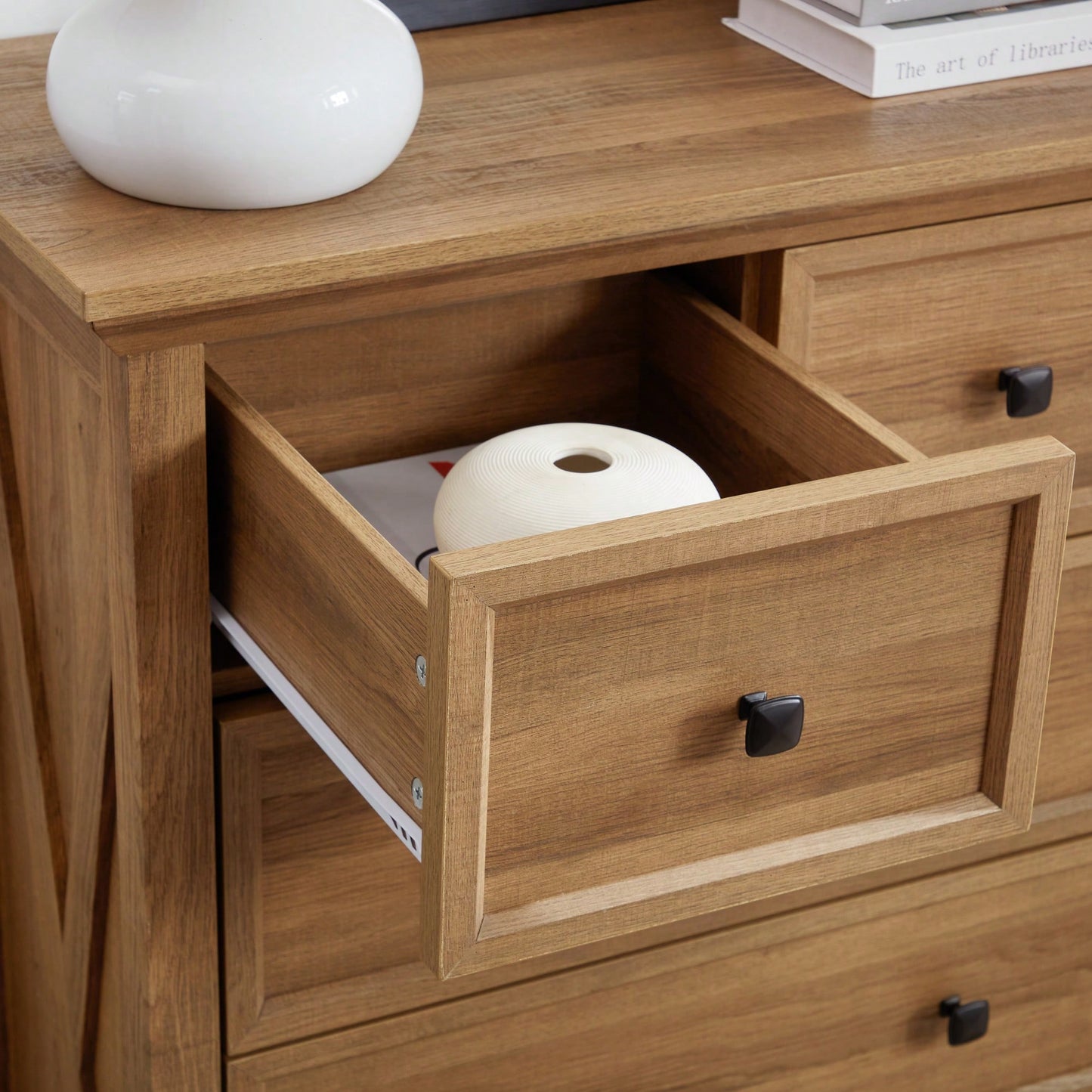 Tall 6 Drawer Dresser Cabinet For Closet Organization And Storage Solutions In Oak Finish