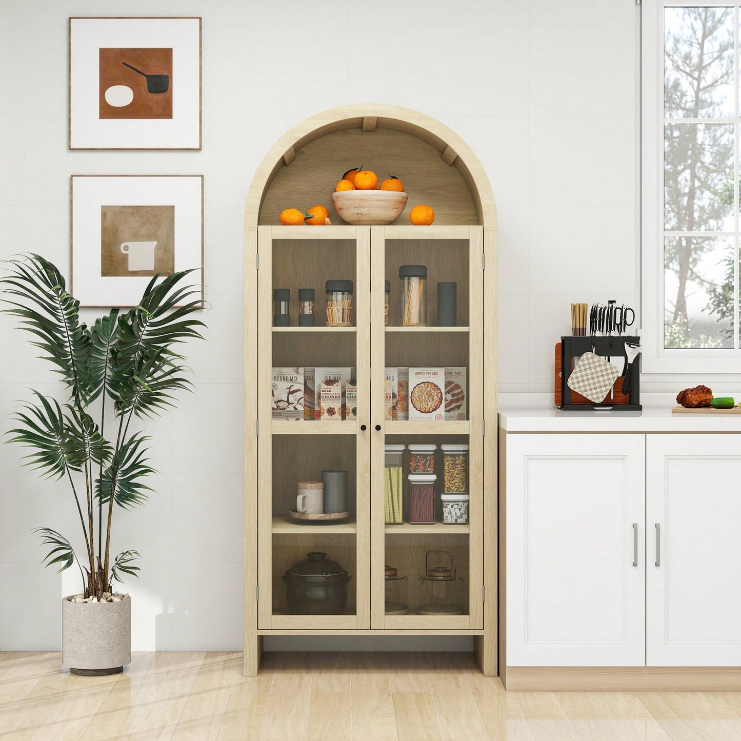 Tall Arched Kitchen Pantry Storage Cabinet With Adjustable Shelves For Modern Farmhouse Style Dining Room Or Living Room