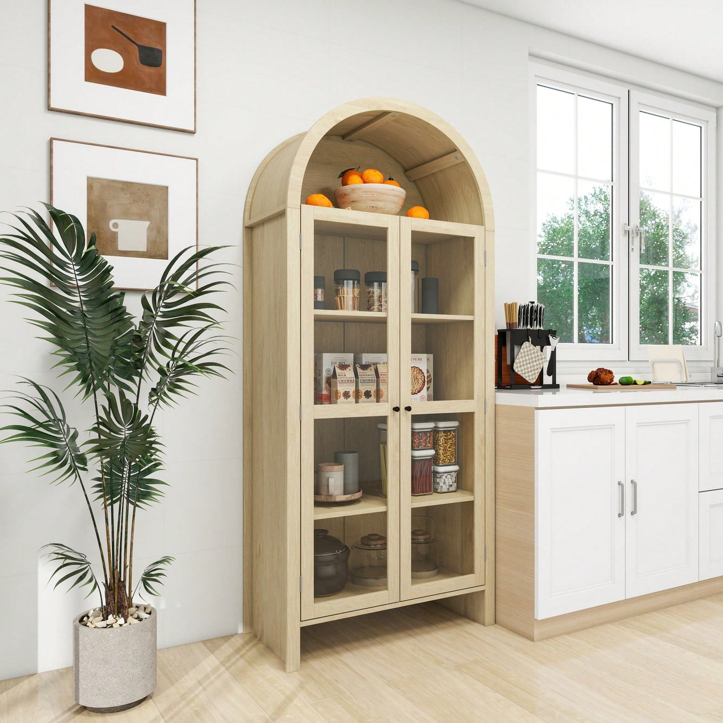 Tall Arched Kitchen Pantry Storage Cabinet With Adjustable Shelves For Modern Farmhouse Style Dining Room Or Living Room