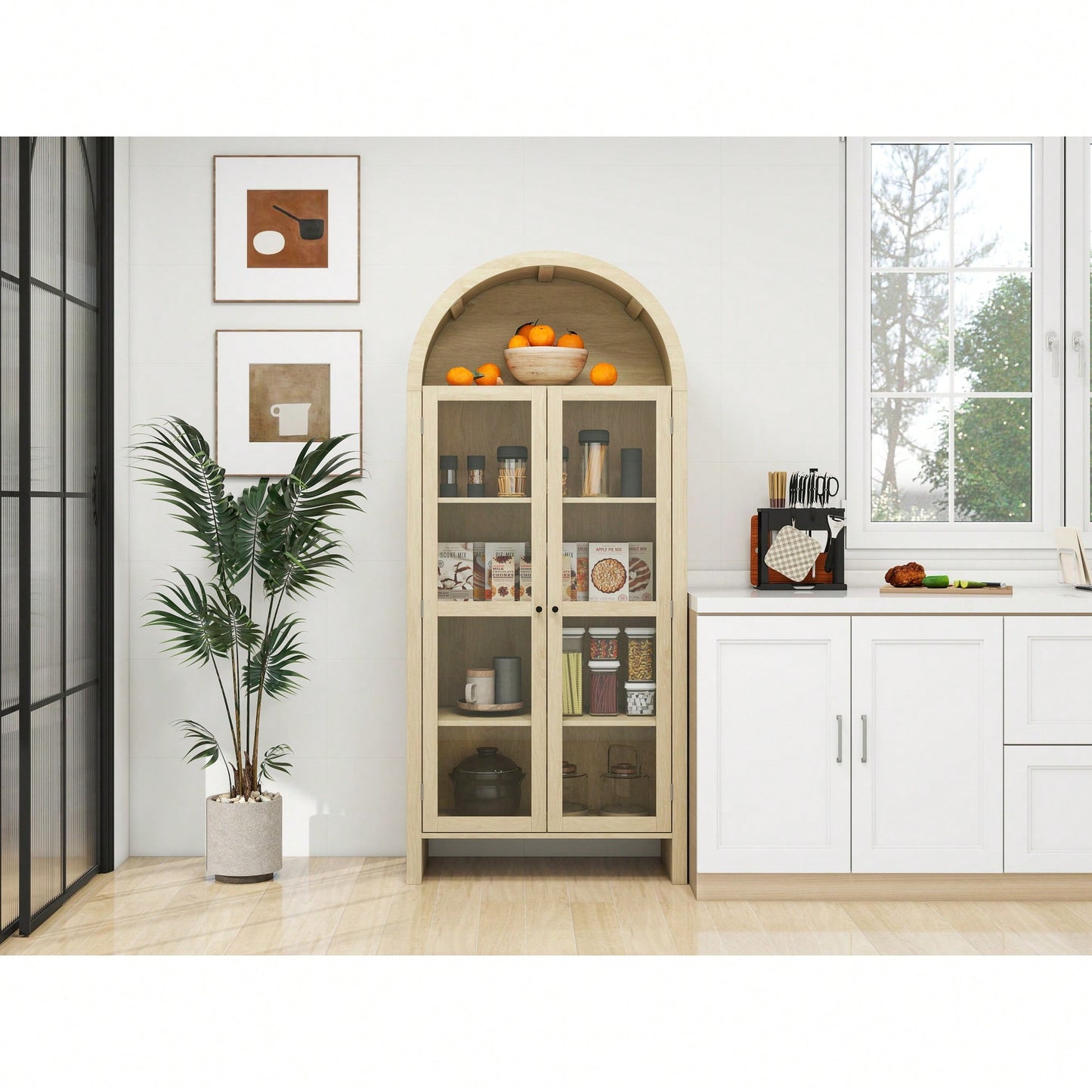 Tall Arched Kitchen Pantry Storage Cabinet With Adjustable Shelves For Modern Farmhouse Style Dining Room Or Living Room