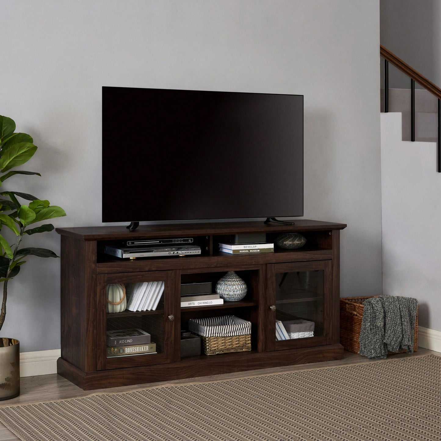 Stylish Farmhouse TV Stand For 65 Inch TVs, Media Console With Glass Doors, 60 Inch Entertainment Center In Brown For Living Room