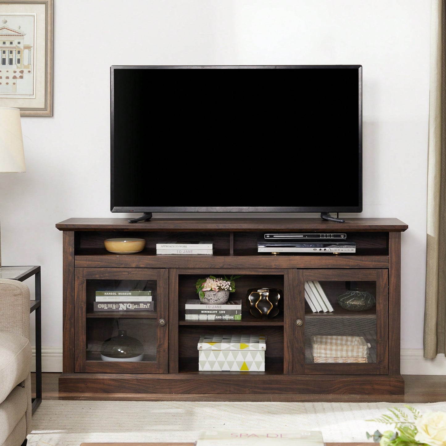 Stylish Farmhouse TV Stand For 65 Inch TVs, Media Console With Glass Doors, 60 Inch Entertainment Center In Brown For Living Room