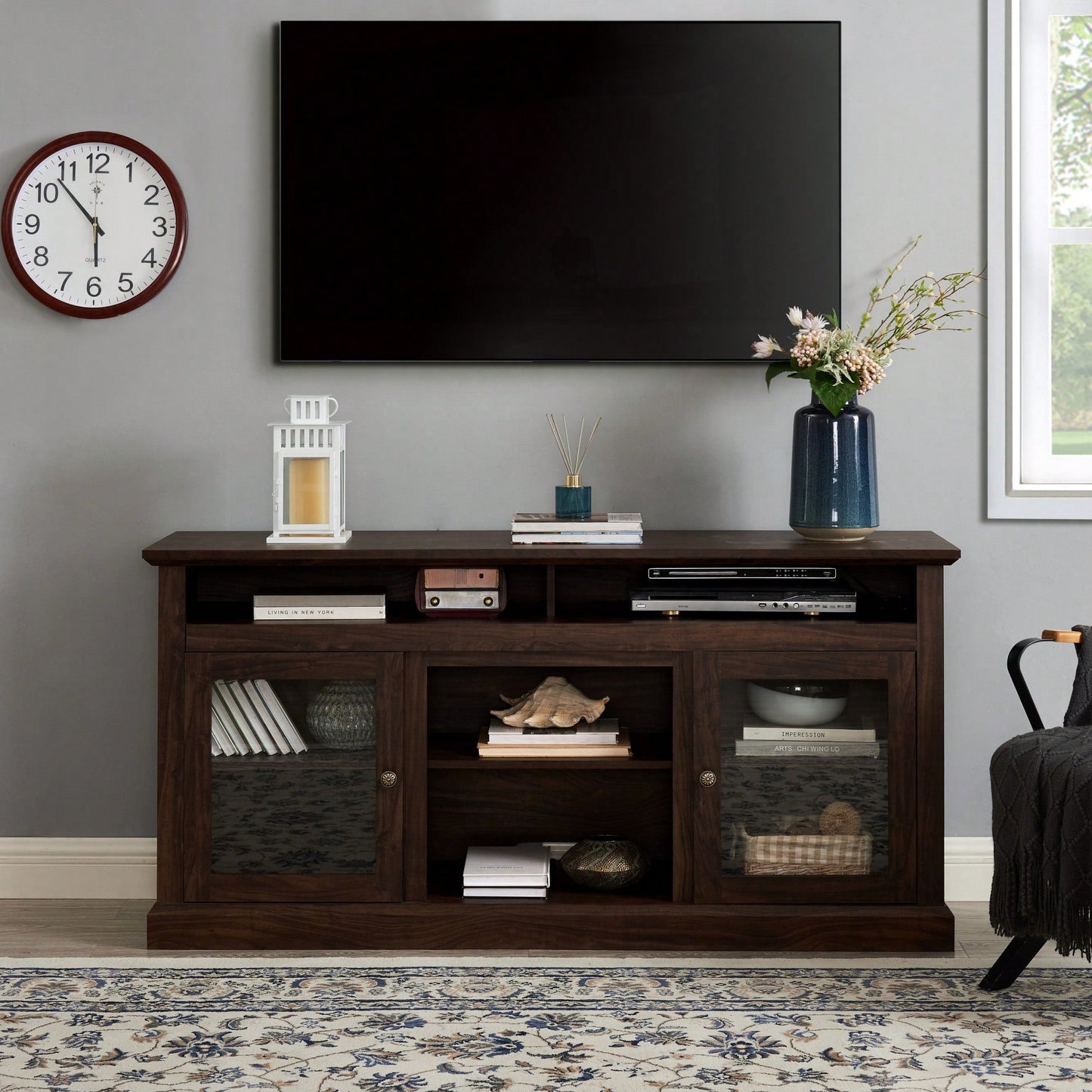 Stylish Farmhouse TV Stand For 65 Inch TVs, Media Console With Glass Doors, 60 Inch Entertainment Center In Brown For Living Room