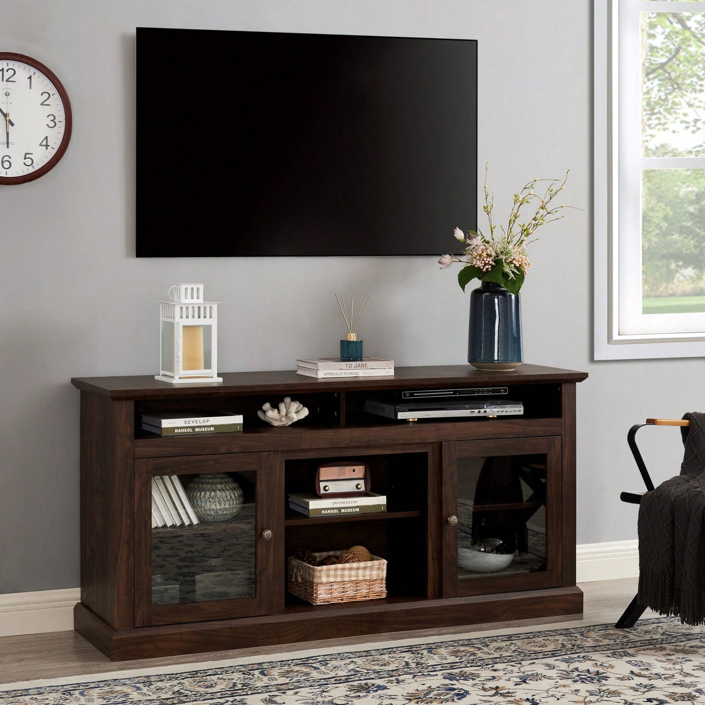 Stylish Farmhouse TV Stand For 65 Inch TVs, Media Console With Glass Doors, 60 Inch Entertainment Center In Brown For Living Room