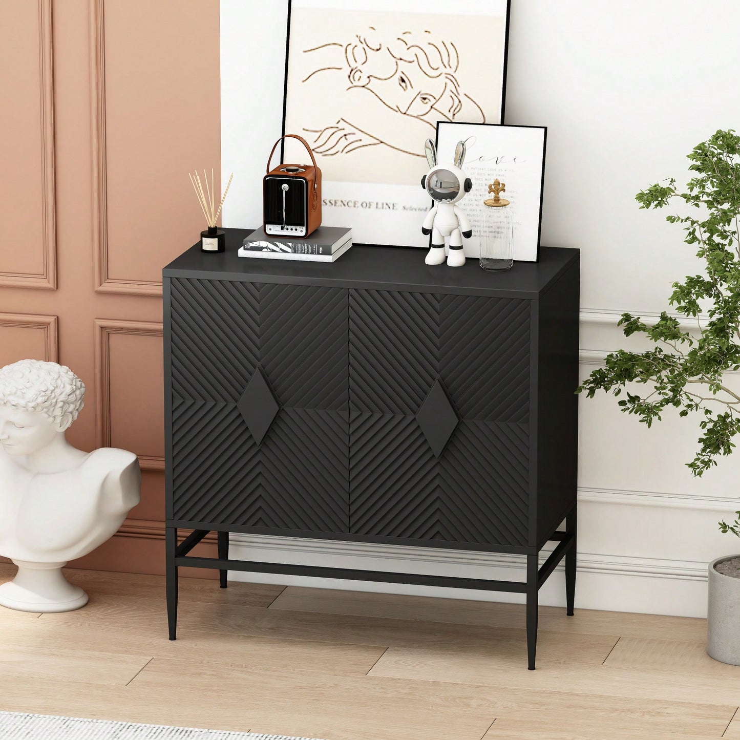 Modern 2 Door Wooden Accent Storage Cabinet With Metal Legs For Living Room Entryway And Dining Room Black Finish