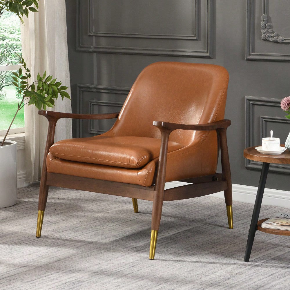 Mid-Century Modern Faux Leather Accent Chair with Cushioned Seat Solid Wood Frame Brass-Tipped Legs Perfect for Living Room Bedroom Office