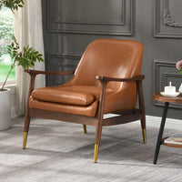 Mid-Century Modern Faux Leather Accent Chair with Cushioned Seat Solid Wood Frame Brass-Tipped Legs Perfect for Living Room Bedroom Office