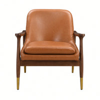 Mid-Century Modern Faux Leather Accent Chair with Cushioned Seat Solid Wood Frame Brass-Tipped Legs Perfect for Living Room Bedroom Office