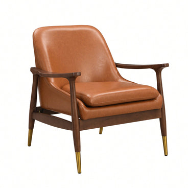 Mid-Century Modern Faux Leather Accent Chair with Cushioned Seat Solid Wood Frame Brass-Tipped Legs Perfect for Living Room Bedroom Office