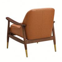 Mid-Century Modern Faux Leather Accent Chair with Cushioned Seat Solid Wood Frame Brass-Tipped Legs Perfect for Living Room Bedroom Office