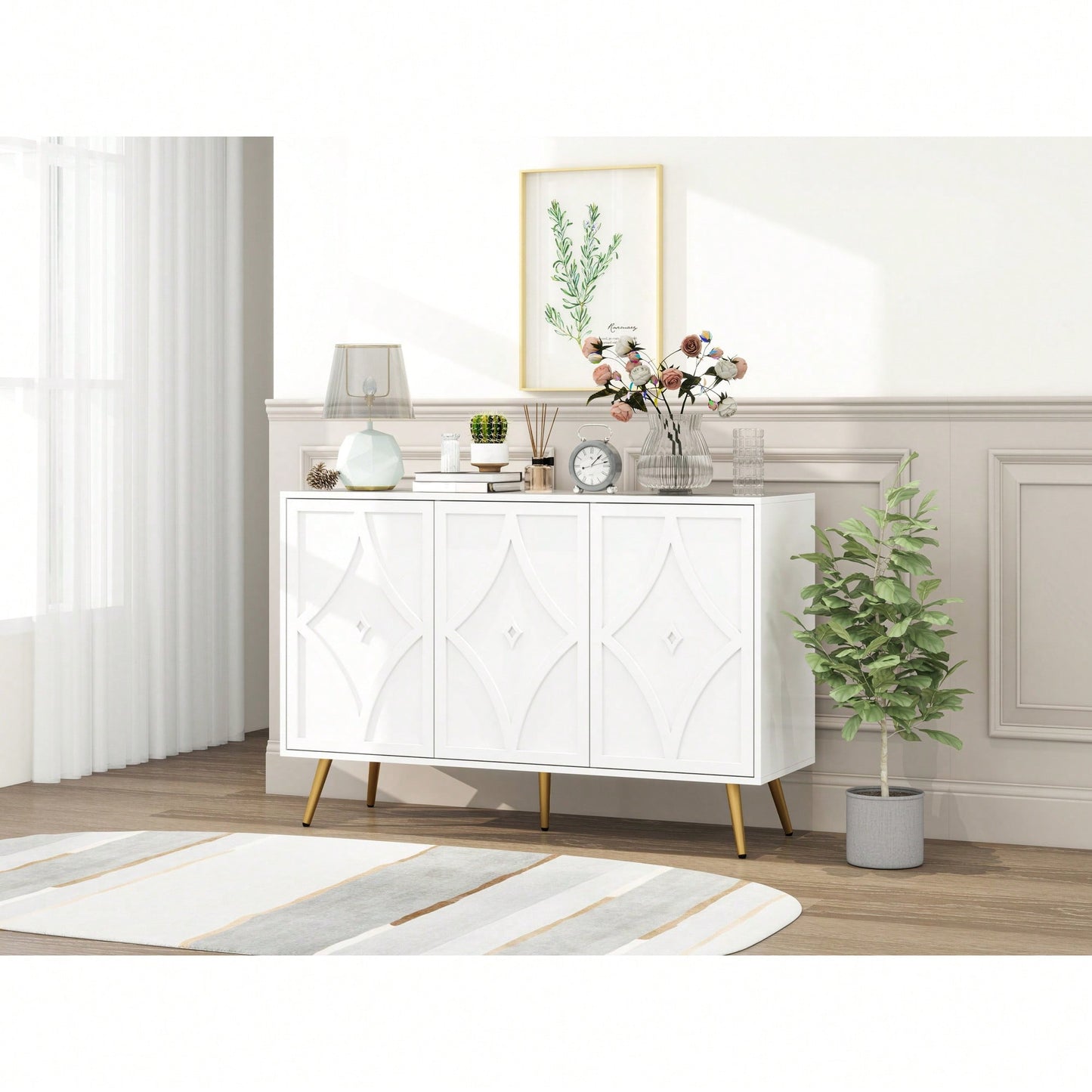 Elegant 3 Door Storage Cabinet With Adjustable Shelves For Living Room Kitchen And Dining Room Decorative Accent Sideboard