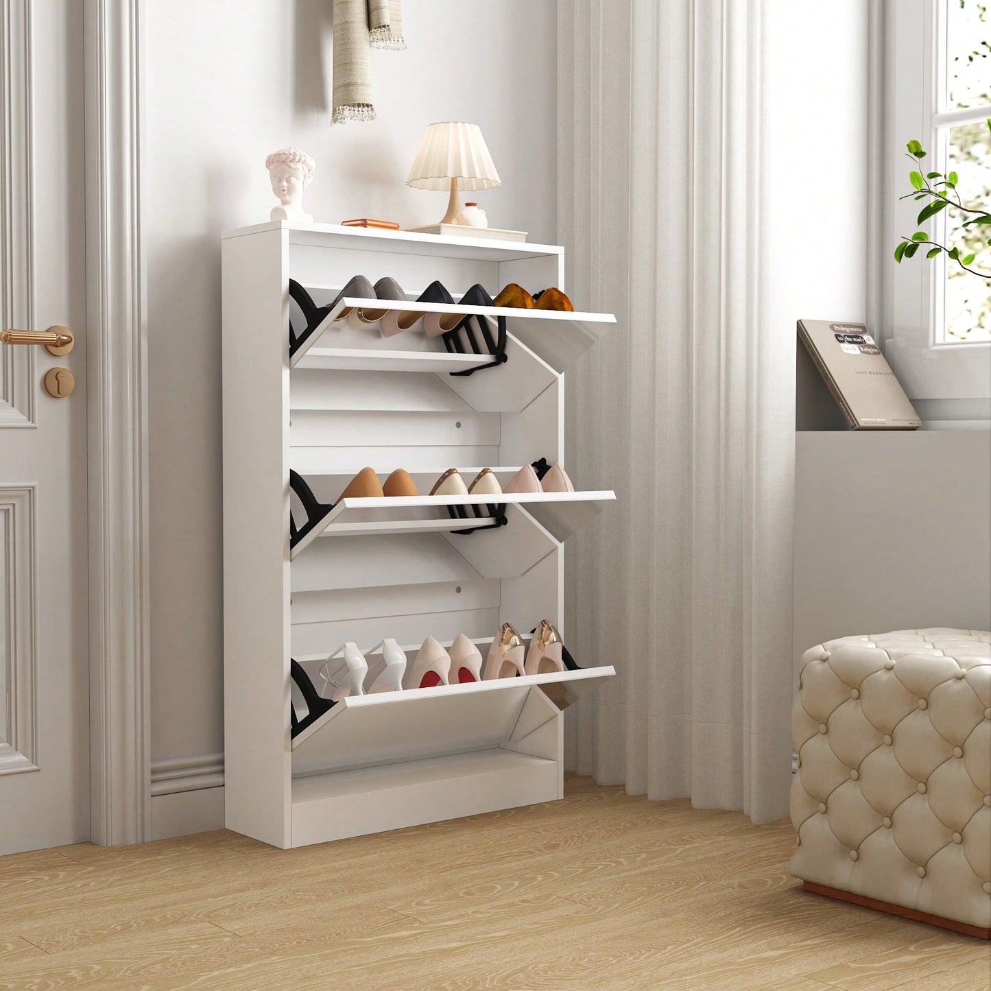 Sleek Shoe Cabinet With Mirror And 3 Flip Drawers For Stylish Entryway Storage