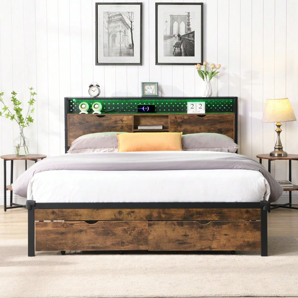 Queen Size Metal Platform Bed Frame with Wooden Headboard USB Charging Station Storage Drawers LED Lights Easy Assembly No Box Spring Needed