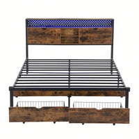 King Size Metal Platform Bed Frame with Wooden Headboard USB Charging Station Storage Drawers LED Lights Easy Assembly No Box Spring Needed