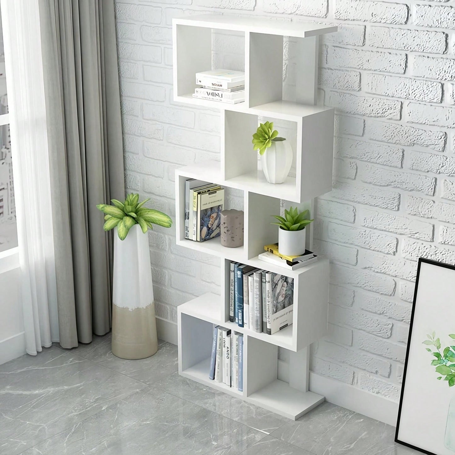 5-Tier S Shaped Geometric Bookshelf Freestanding Room Divider Industrial Wood Storage Display Shelf for Living Room Home Office Decor