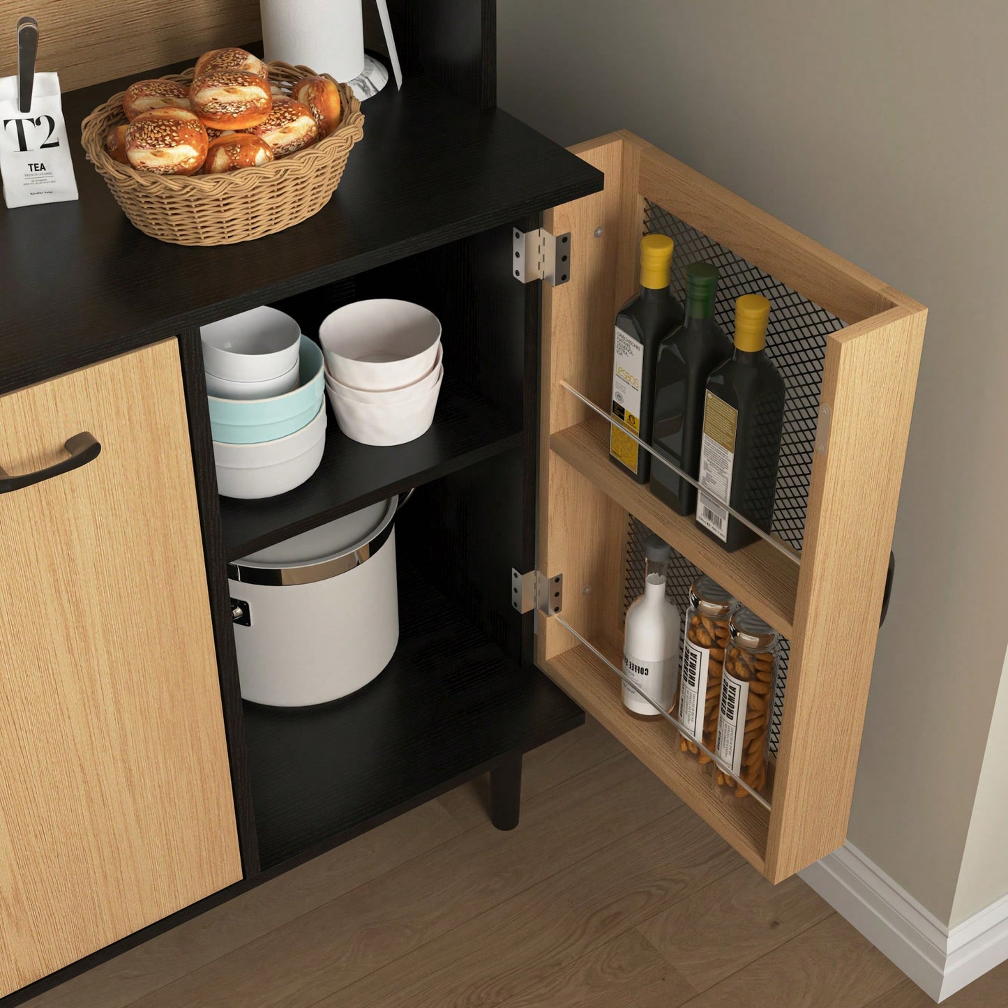 Farmhouse Style Buffet Sideboard Cabinet With Storage Door Wine Rack And Power Outlet For Kitchen Or Living Room