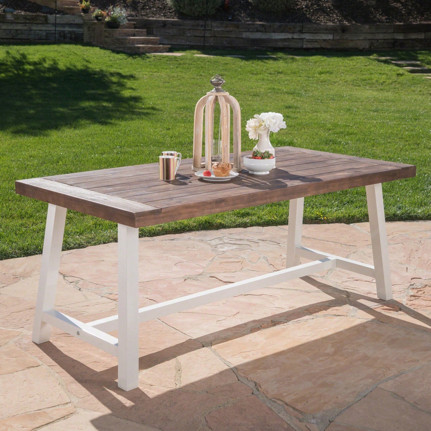 Outdoor Acacia Wood Dining Table With Dark Brown Sandblast Finish And White Rustic Metal Frame