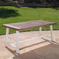 Outdoor Acacia Wood Dining Table With Dark Brown Sandblast Finish And White Rustic Metal Frame