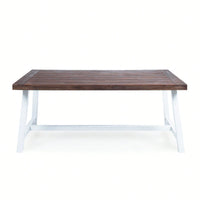 Outdoor Acacia Wood Dining Table With Dark Brown Sandblast Finish And White Rustic Metal Frame