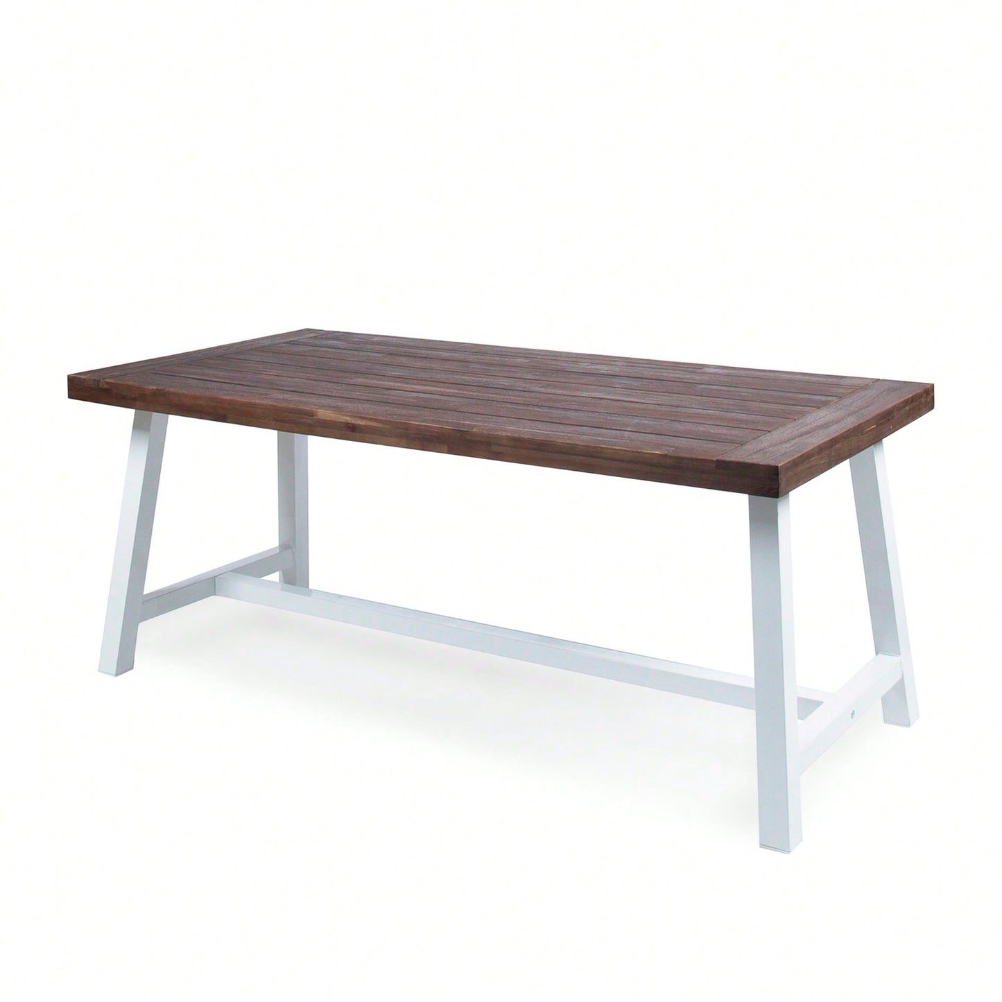 Outdoor Acacia Wood Dining Table With Dark Brown Sandblast Finish And White Rustic Metal Frame