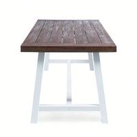 Outdoor Acacia Wood Dining Table With Dark Brown Sandblast Finish And White Rustic Metal Frame