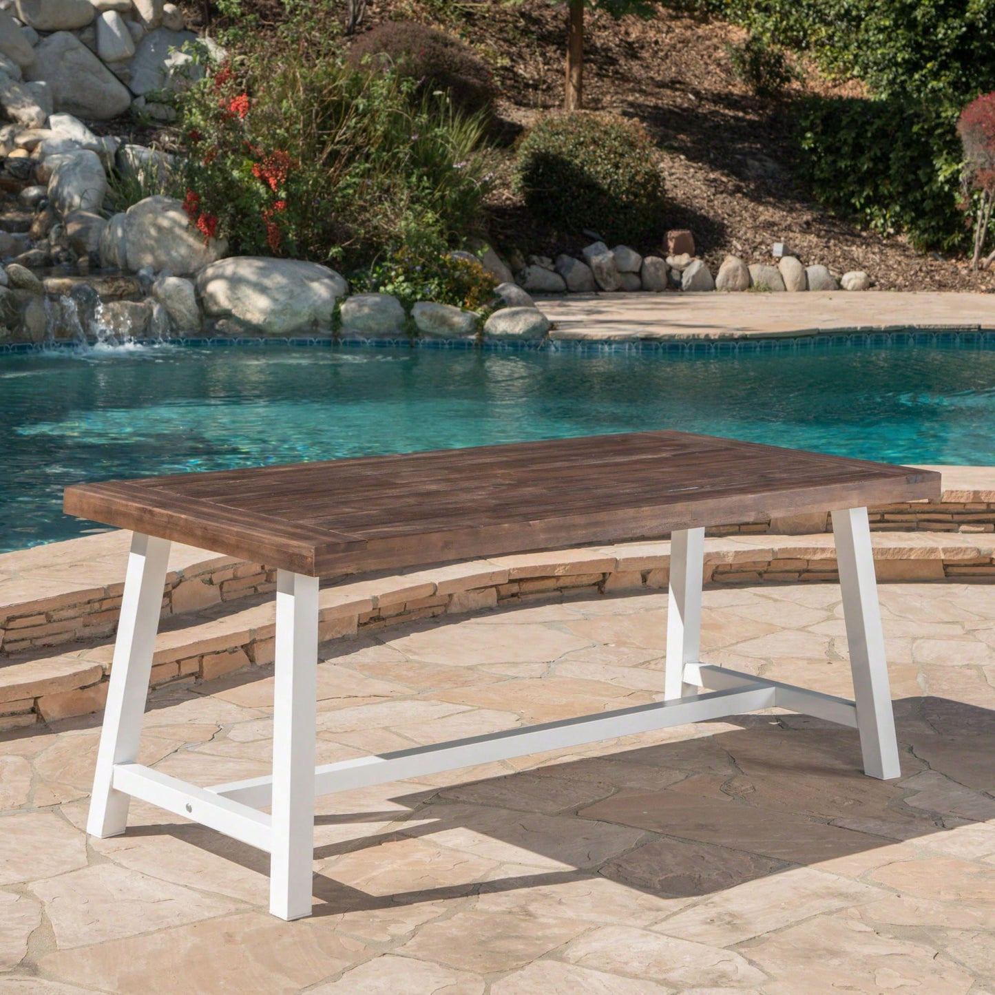 Outdoor Acacia Wood Dining Table With Dark Brown Sandblast Finish And White Rustic Metal Frame