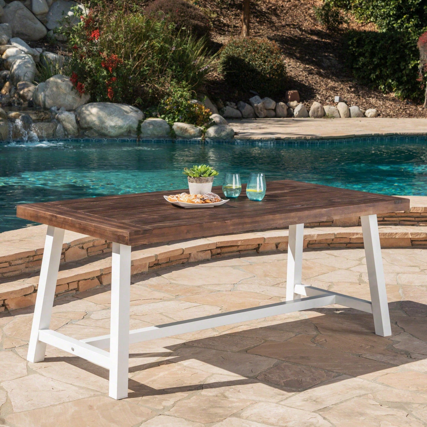 Outdoor Acacia Wood Dining Table With Dark Brown Sandblast Finish And White Rustic Metal Frame