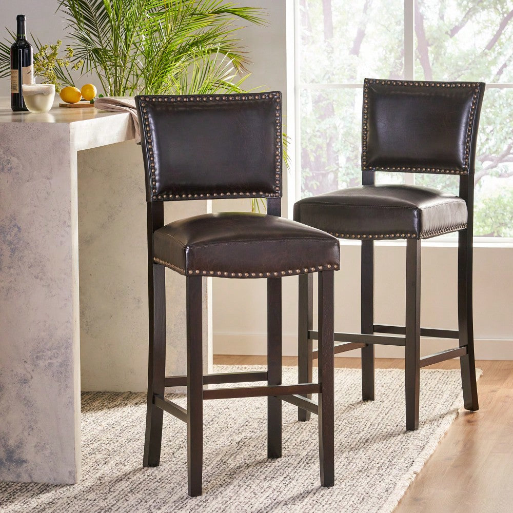 Set Of 2 Upholstered Barstools With Rivet Detail Wood Frame Fabric Cushion For Kitchen Island Dining Room Bedroom