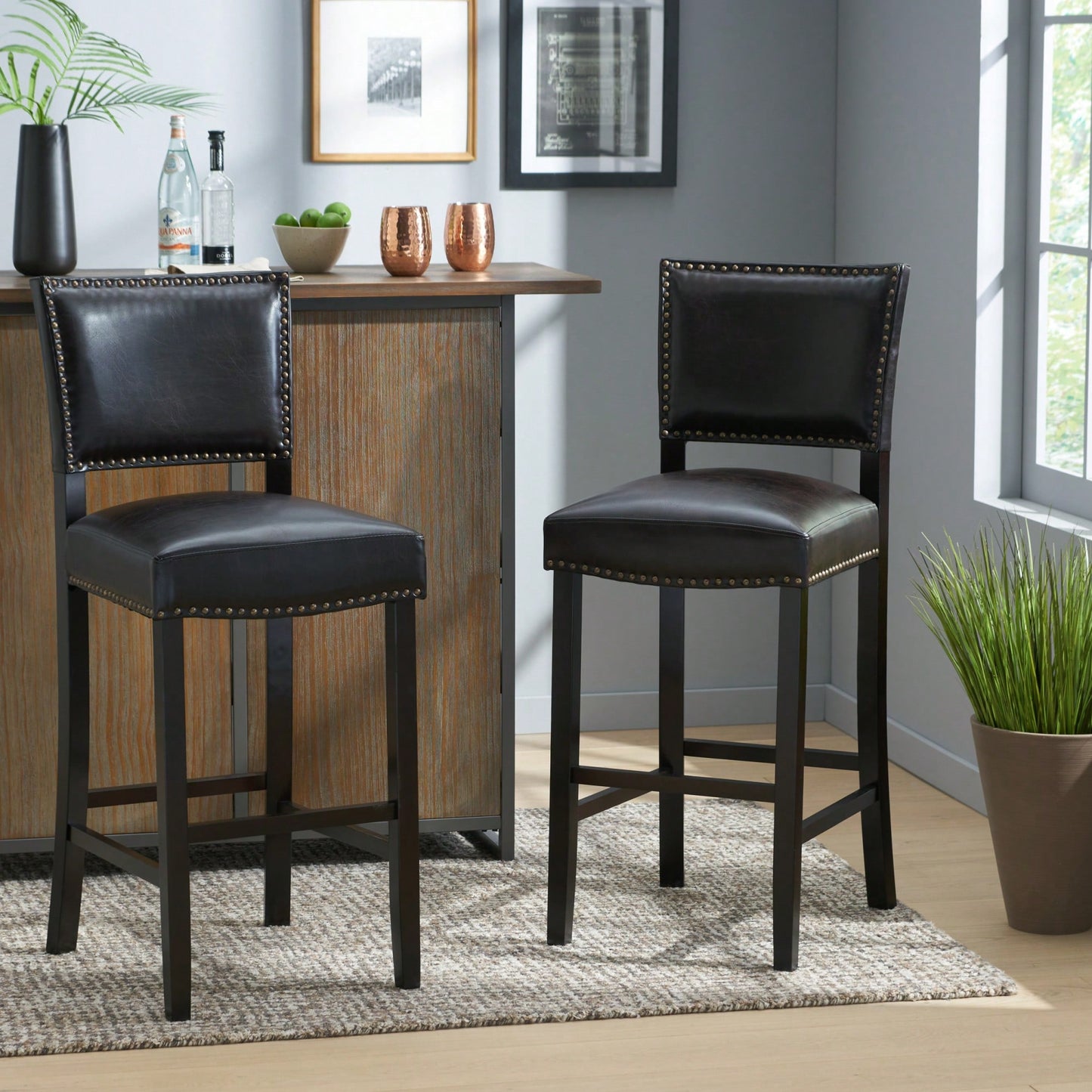 Set Of 2 Upholstered Barstools With Rivet Detail Wood Frame Fabric Cushion For Kitchen Island Dining Room Bedroom