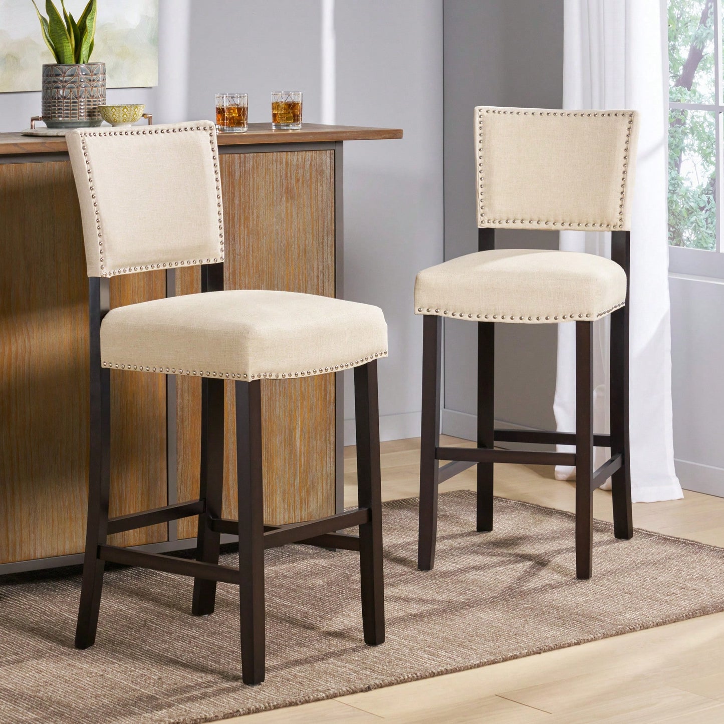 Set Of 2 Upholstered Barstools With Rivet Detail Wood Frame Fabric Cushion For Kitchen Island Dining Room Bedroom