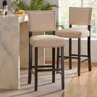 Set Of 2 Upholstered Barstools With Rivet Detail Wood Frame Fabric Cushion For Kitchen Island Dining Room Bedroom