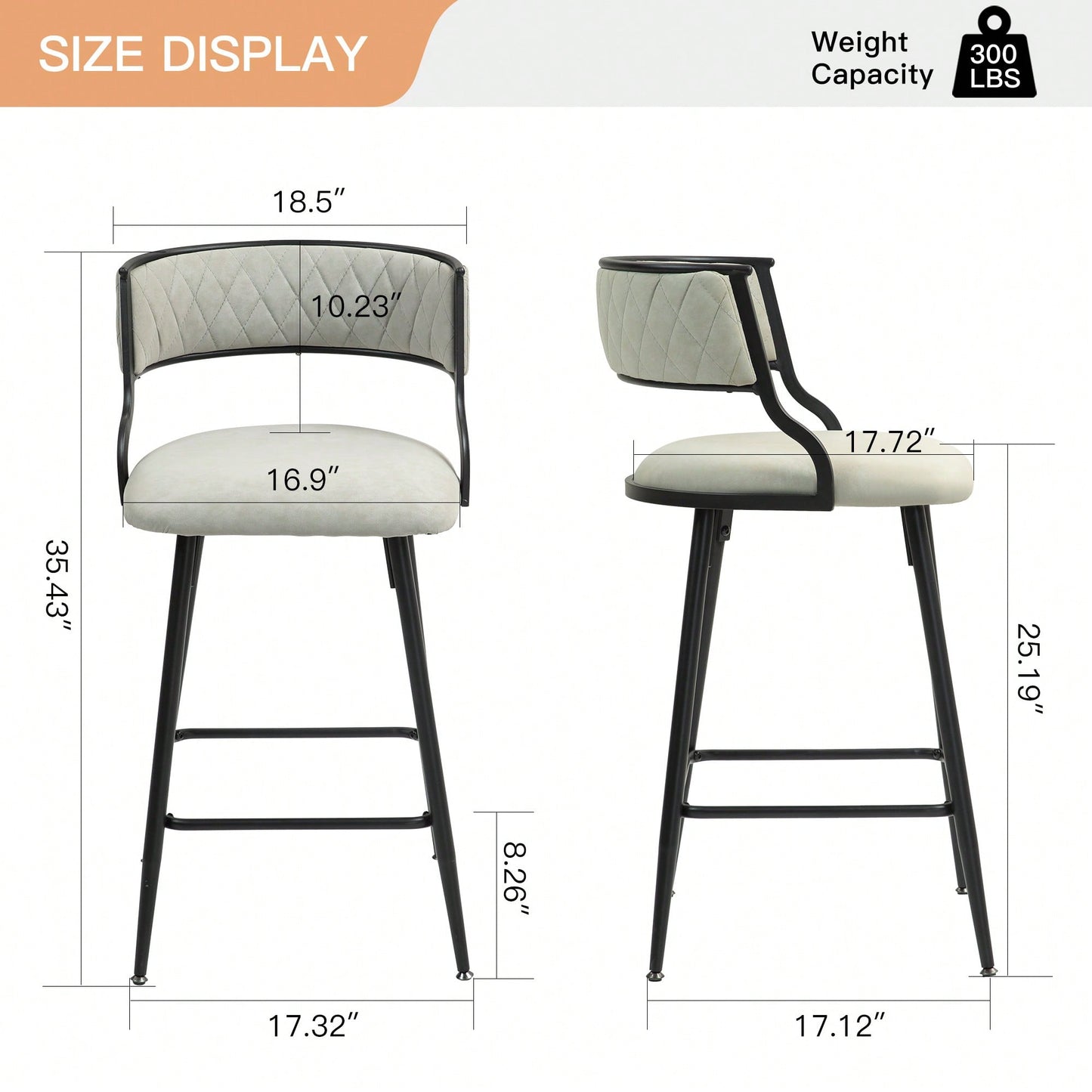 Set Of 2 Counter Height Bar Stools With PU Cover And Black Powder Coating Base Beige