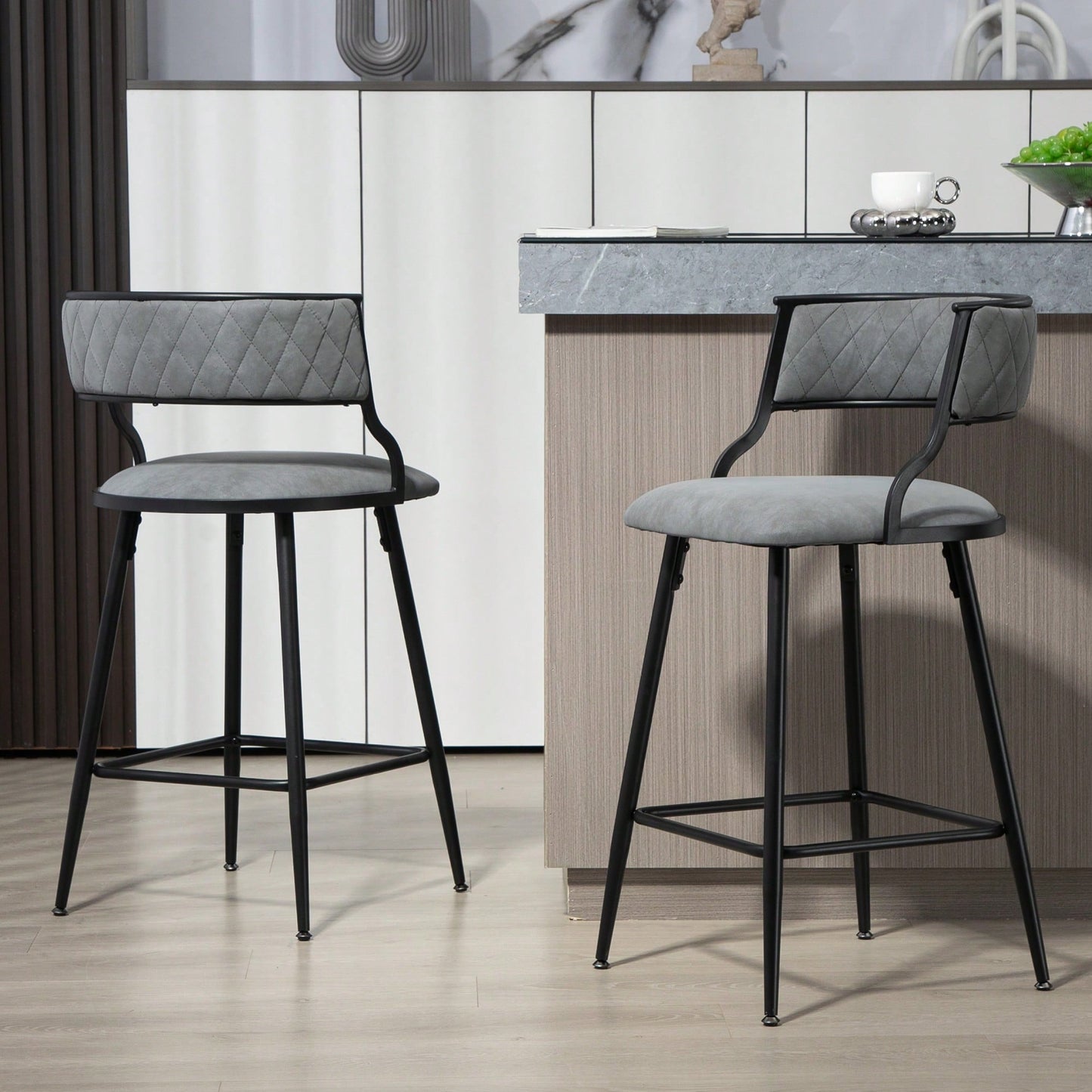 Set Of 2 Counter Height Bar Stools With PU Cover And Black Powder Coating Base Beige