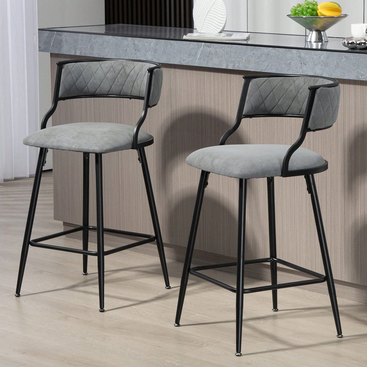 Set Of 2 Counter Height Bar Stools With PU Cover And Black Powder Coating Base Beige
