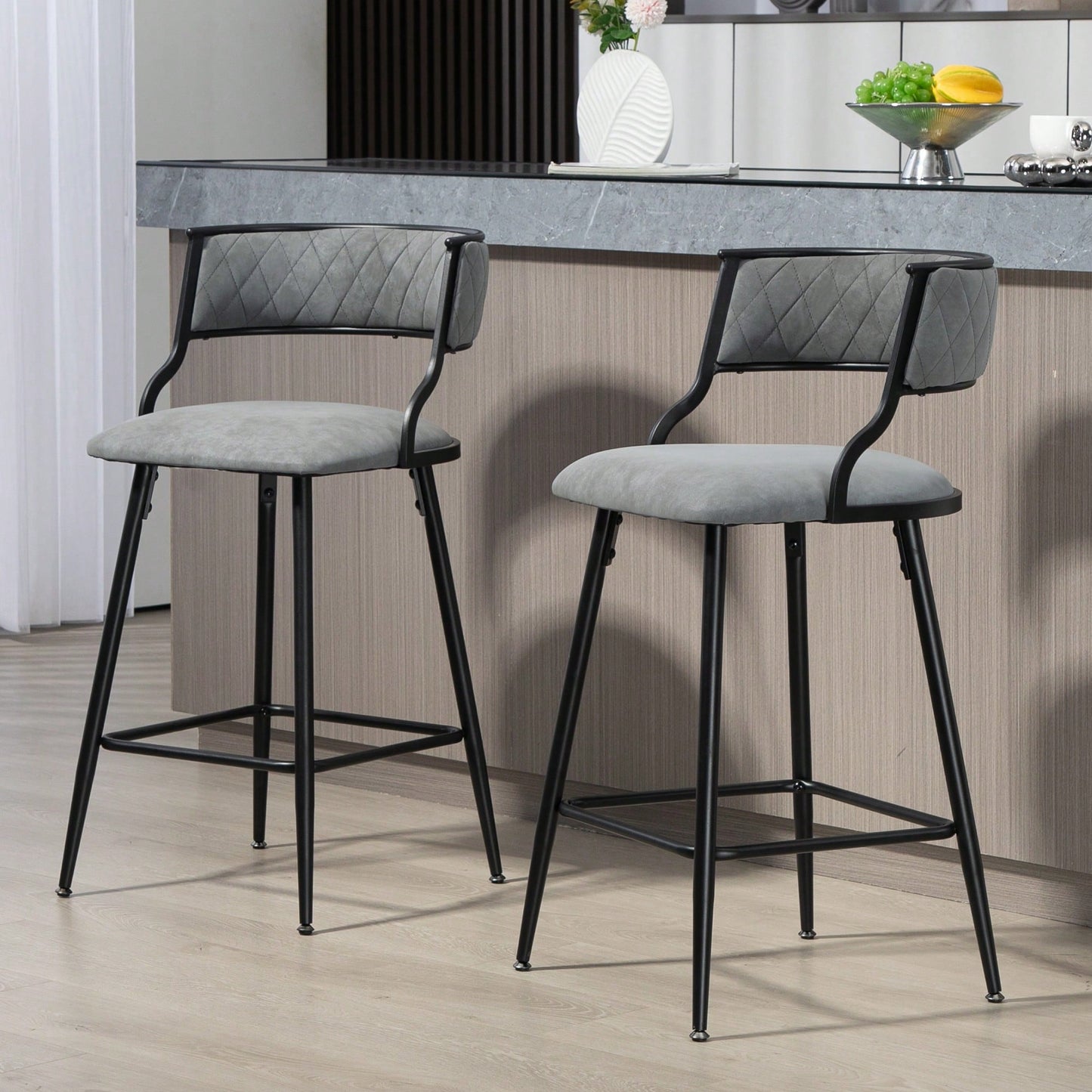 Set Of 2 Counter Height Bar Stools With PU Cover And Black Powder Coating Base Beige