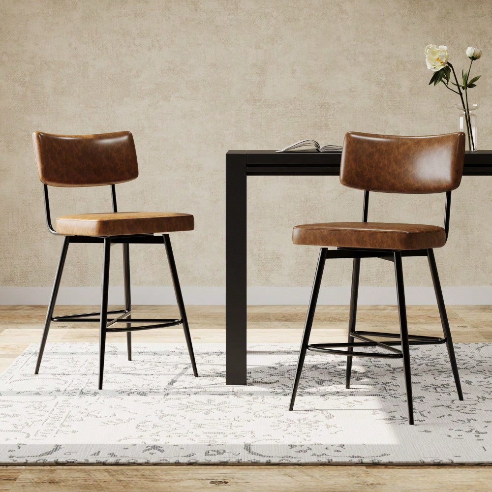 Set Of 2 Retro Swivel Counter Stools In Grey With Iron Frame PU Sponge Cushion And Footrest Ideal For Kitchen Dining Room And Bedroom