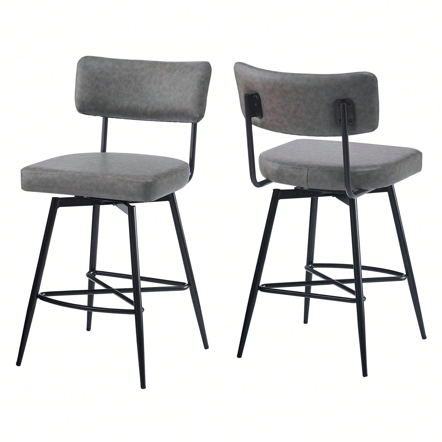 Set Of 2 Retro Swivel Counter Stools In Grey With Iron Frame PU Sponge Cushion And Footrest Ideal For Kitchen Dining Room And Bedroom