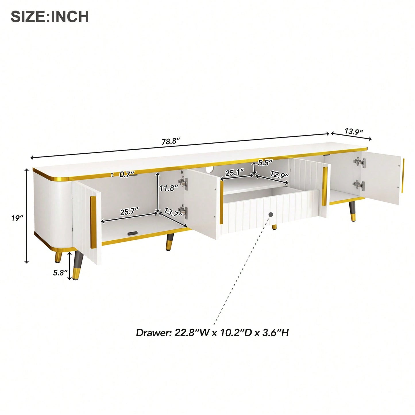 Luxury Minimalist TV Stand for TVs Up to 85 Inches with Open Shelf, Cabinets and Drawers, Stylish Media Console for Living Room in White