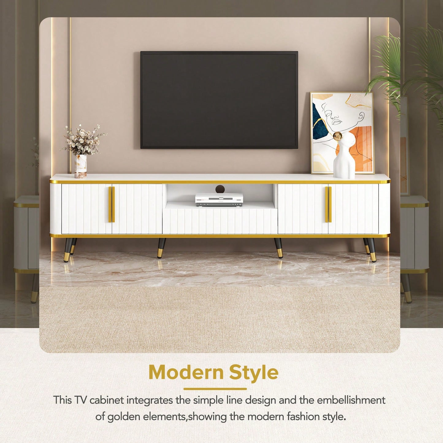 Luxury Minimalist TV Stand for TVs Up to 85 Inches with Open Shelf, Cabinets and Drawers, Stylish Media Console for Living Room in White