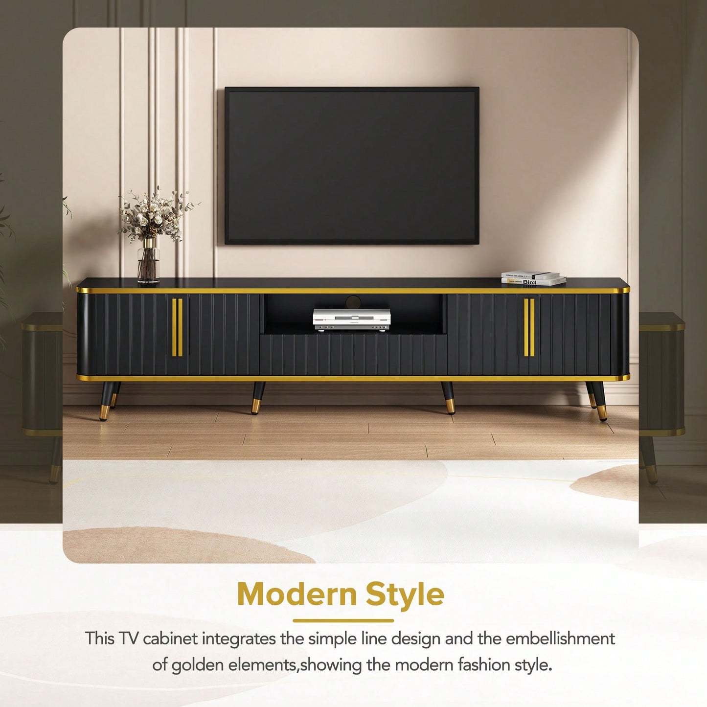 Luxury Minimalist TV Stand for TVs Up to 85 Inches with Open Shelf, Cabinets and Drawers, Stylish Media Console for Living Room in White